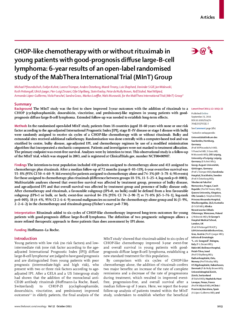 CHOP-like chemotherapy with or without rituximab in young patients with good-prognosis diffuse large-B-cell lymphoma: 6-year results of an open-label randomised study of the MabThera International Trial (MInT) Group