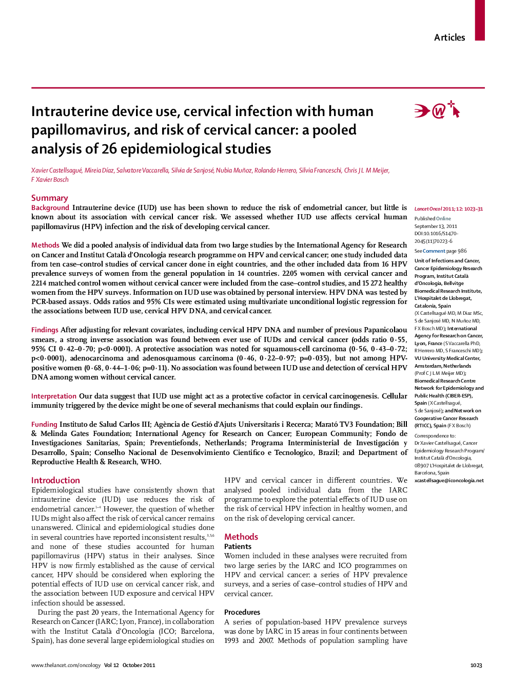 Intrauterine device use, cervical infection with human papillomavirus, and risk of cervical cancer: a pooled analysis of 26 epidemiological studies