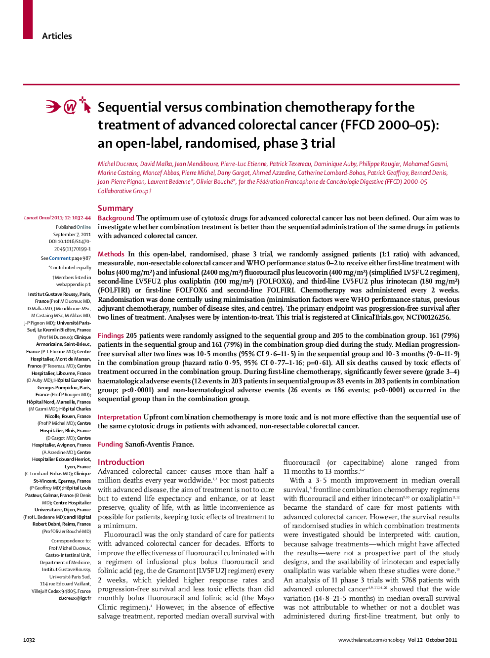 Sequential versus combination chemotherapy for the treatment of advanced colorectal cancer (FFCD 2000–05): an open-label, randomised, phase 3 trial