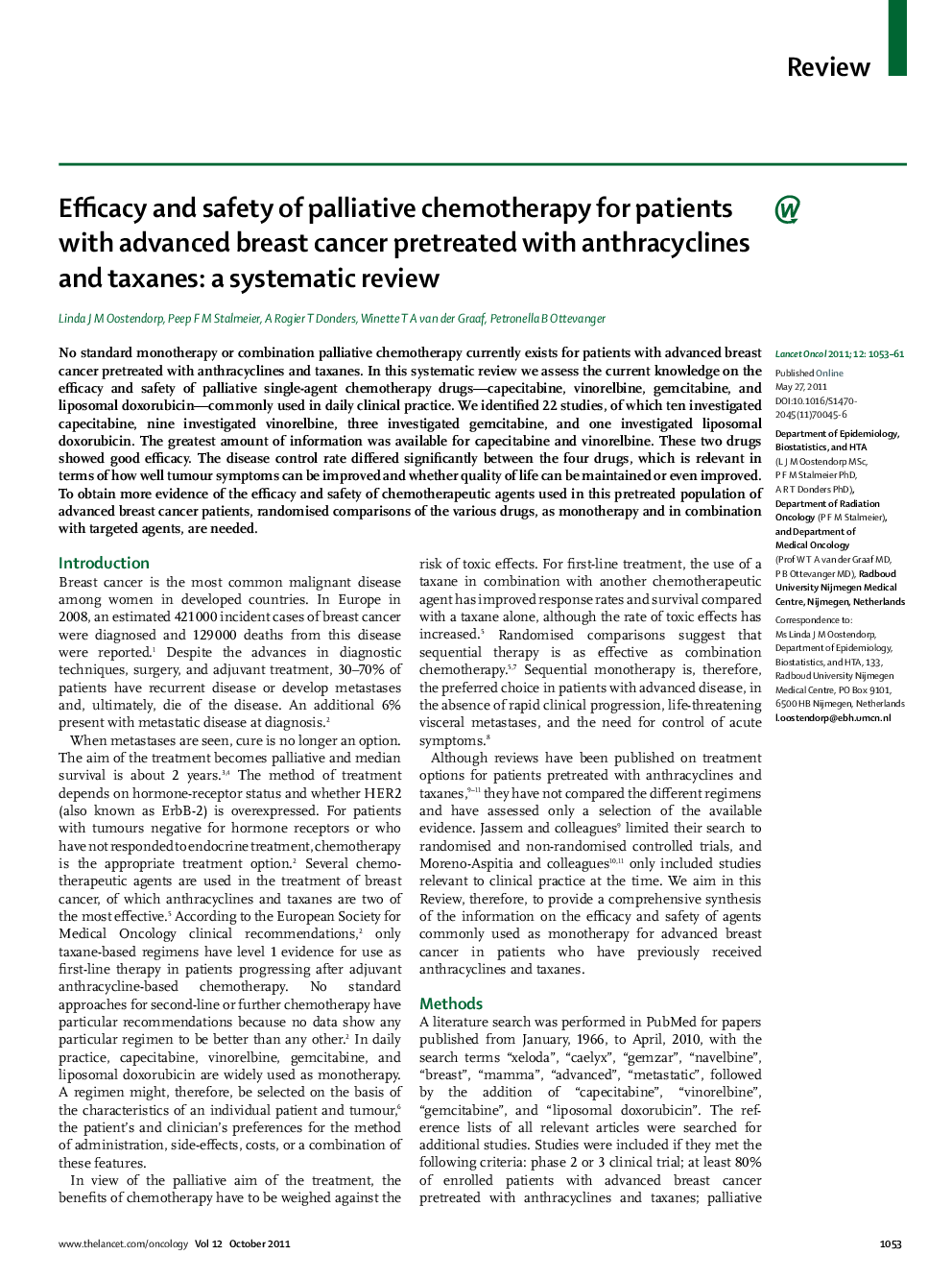 Efficacy and safety of palliative chemotherapy for patients with advanced breast cancer pretreated with anthracyclines and taxanes: a systematic review