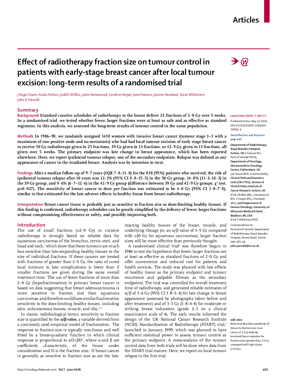 Effect of radiotherapy fraction size on tumour control in patients with early-stage breast cancer after local tumour excision: long-term results of a randomised trial