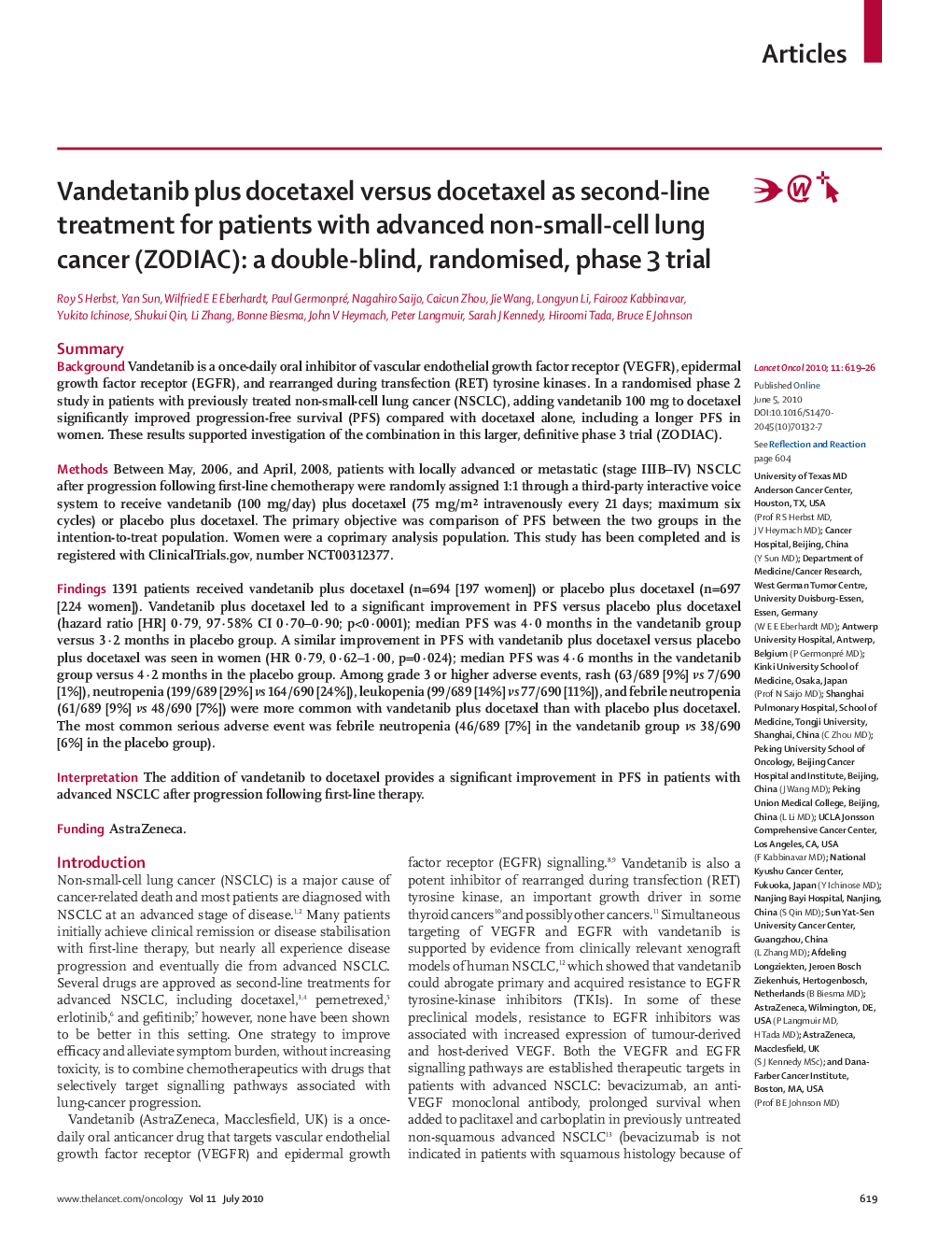 Vandetanib plus docetaxel versus docetaxel as second-line treatment for patients with advanced non-small-cell lung cancer (ZODIAC): a double-blind, randomised, phase 3 trial