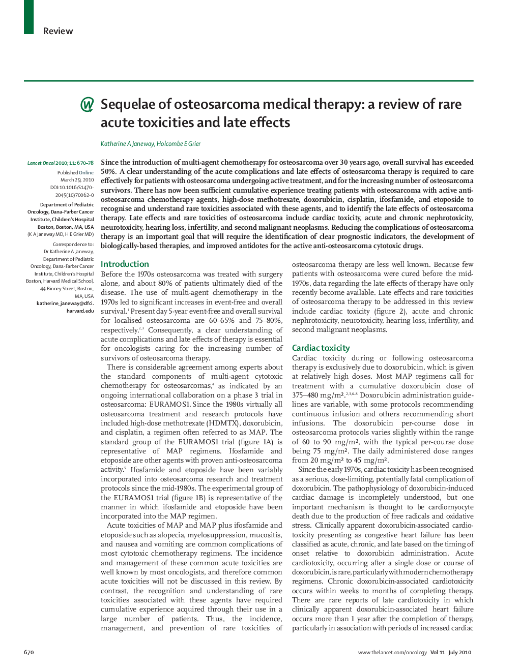 Sequelae of osteosarcoma medical therapy: a review of rare acute toxicities and late effects