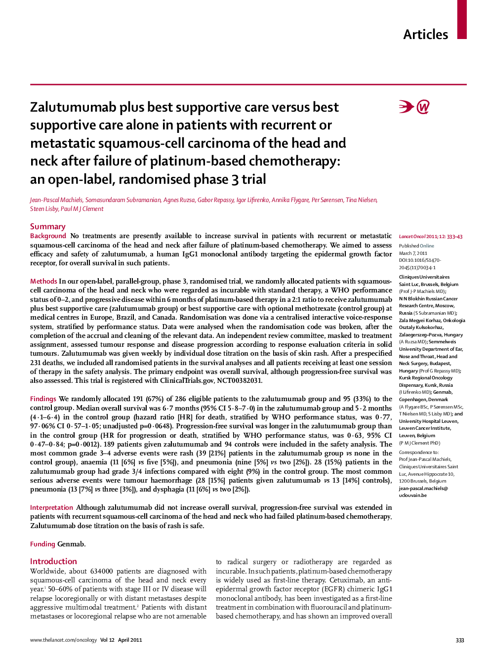 Zalutumumab plus best supportive care versus best supportive care alone in patients with recurrent or metastatic squamous-cell carcinoma of the head and neck after failure of platinum-based chemotherapy: an open-label, randomised phase 3 trial