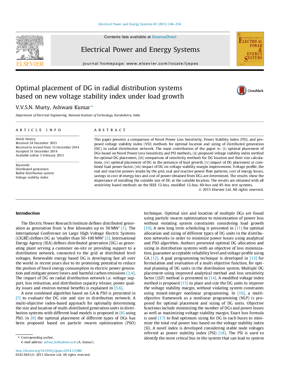 Optimal placement of DG in radial distribution systems based on new voltage stability index under load growth