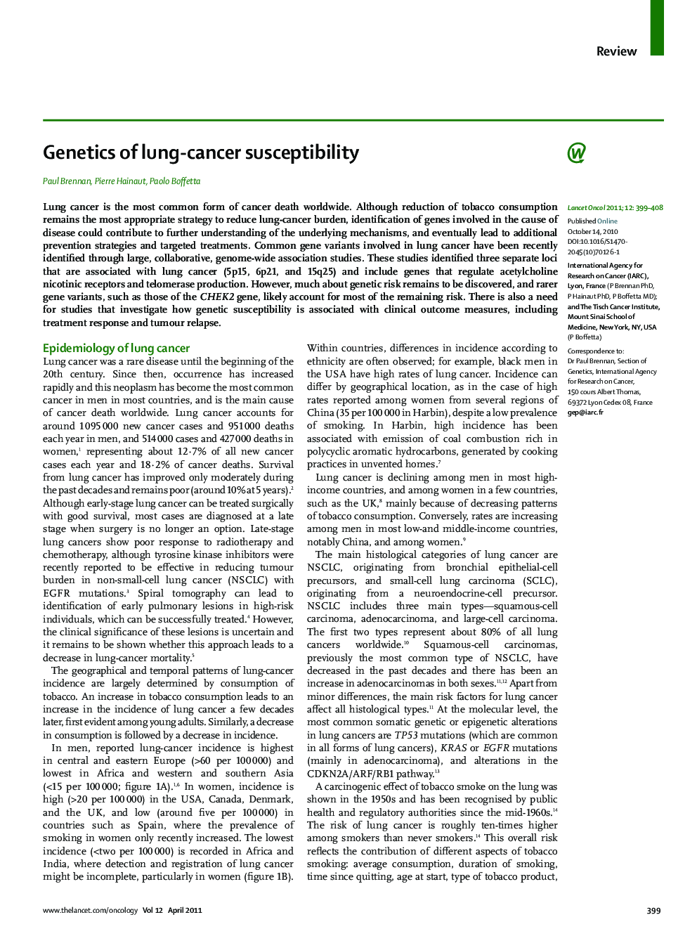 Genetics of lung-cancer susceptibility
