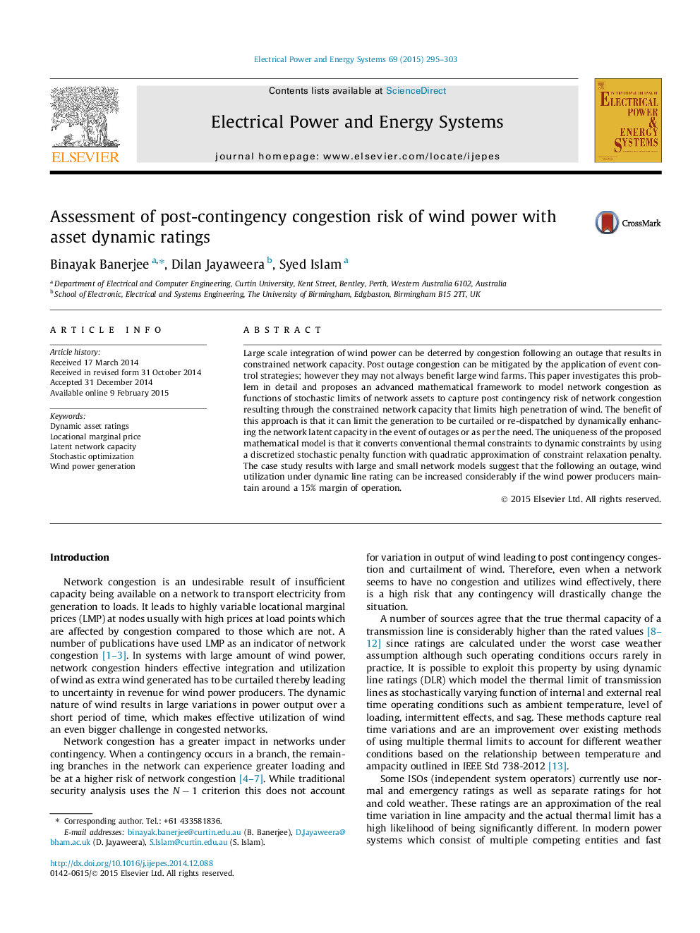 Assessment of post-contingency congestion risk of wind power with asset dynamic ratings