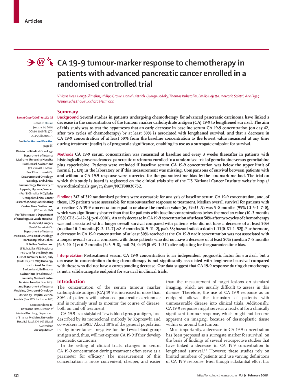 CA 19-9 tumour-marker response to chemotherapy in patients with advanced pancreatic cancer enrolled in a randomised controlled trial