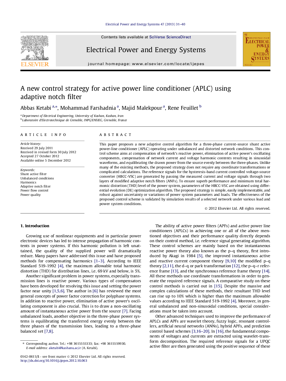 A new control strategy for active power line conditioner (APLC) using adaptive notch filter