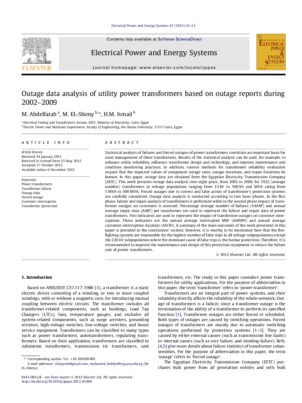 عکس صفحه اول مقاله: Outage data analysis of utility power transformers based on outage reports during 2002–2009 Outage data analysis of utility power transformers based on outage reports during 2002–2009