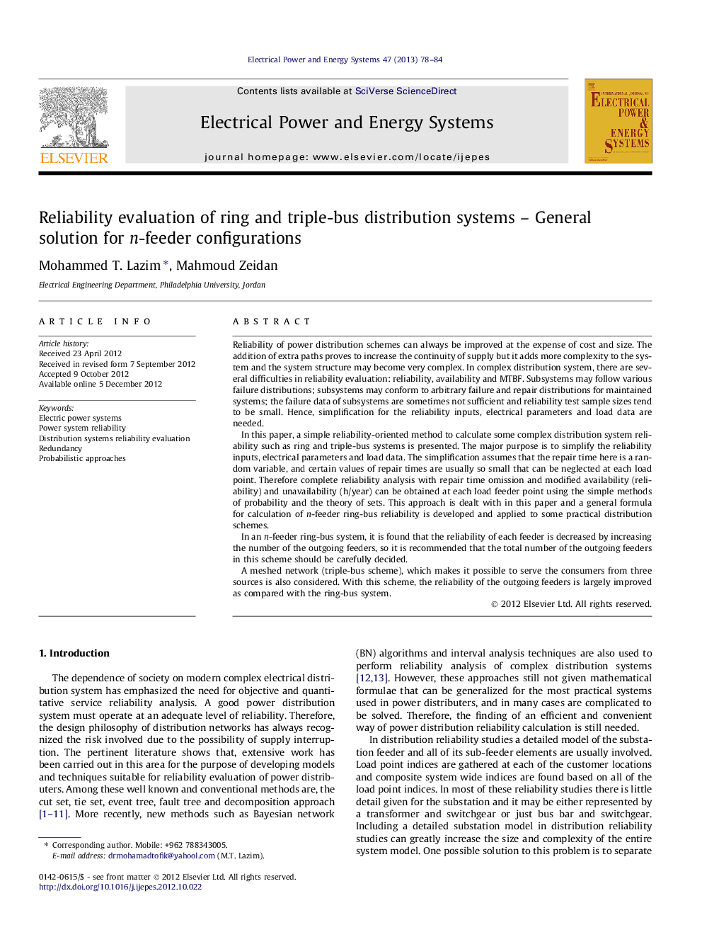 Reliability evaluation of ring and triple-bus distribution systems – General solution for n-feeder configurations