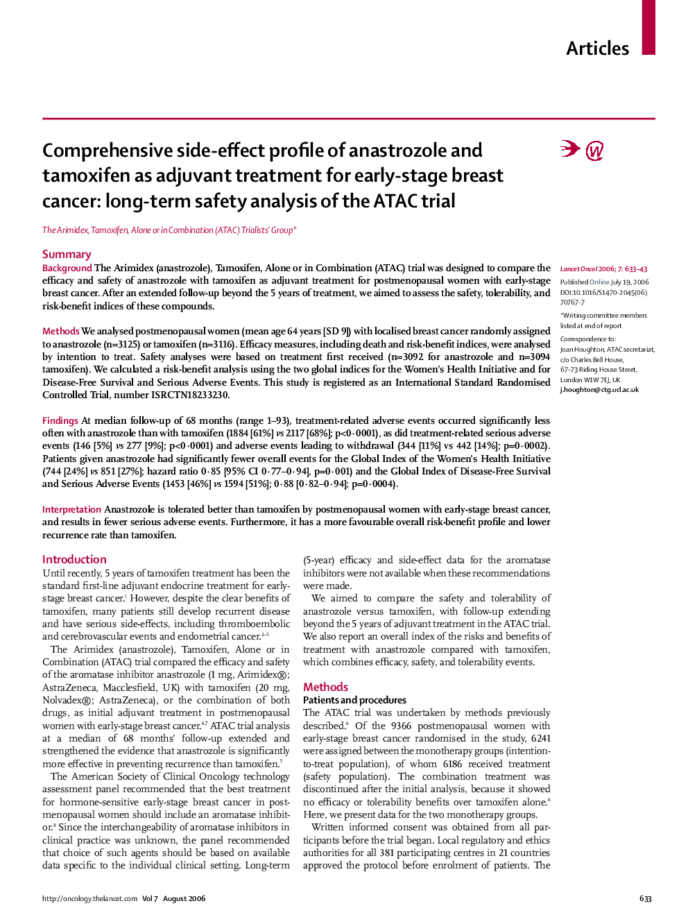 Comprehensive side-effect profile of anastrozole and tamoxifen as adjuvant treatment for early-stage breast cancer: long-term safety analysis of the ATAC trial