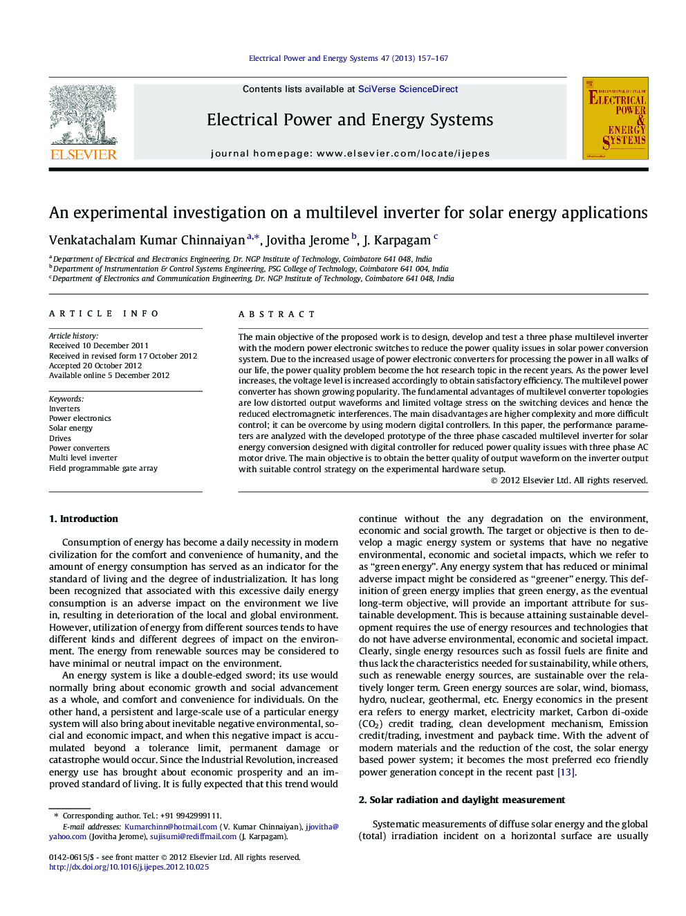 An experimental investigation on a multilevel inverter for solar energy applications