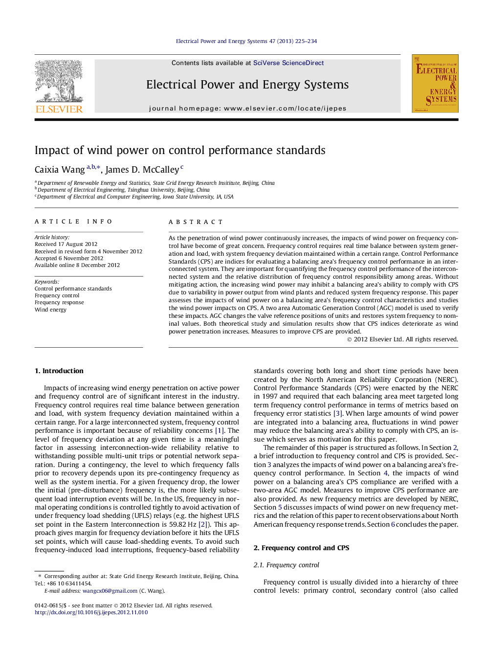 عکس صفحه اول مقاله: Impact of wind power on control performance standards Impact of wind power on control performance standards