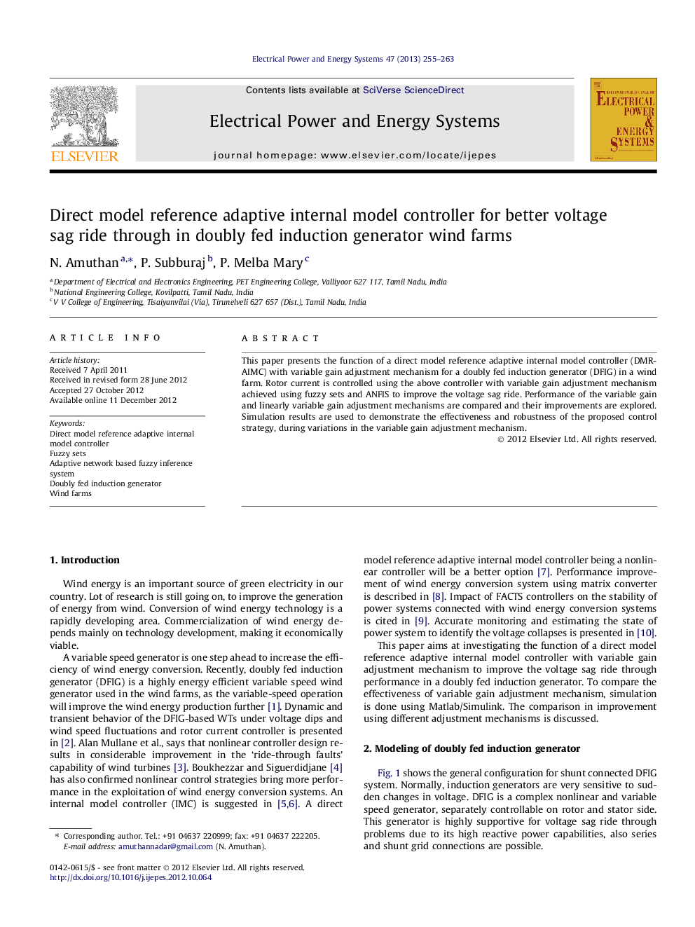 عکس صفحه اول مقاله: Direct model reference adaptive internal model controller for better voltage sag ride through in doubly fed induction generator wind farms Direct model reference adaptive internal model controller for better voltage sag ride through in doubly fed induction generator wind farms
