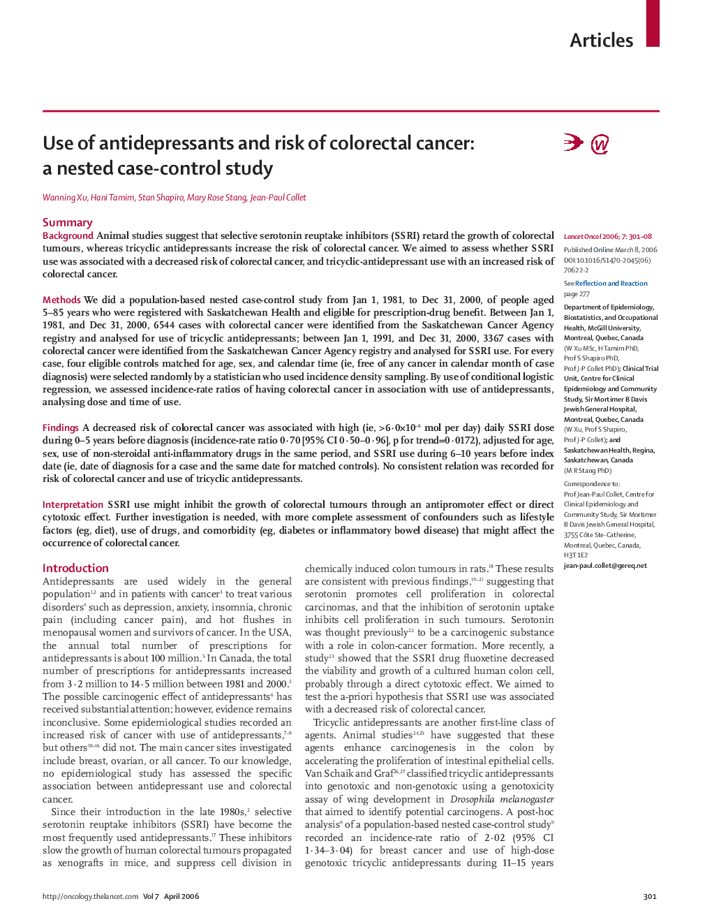 Use of antidepressants and risk of colorectal cancer: a nested case-control study
