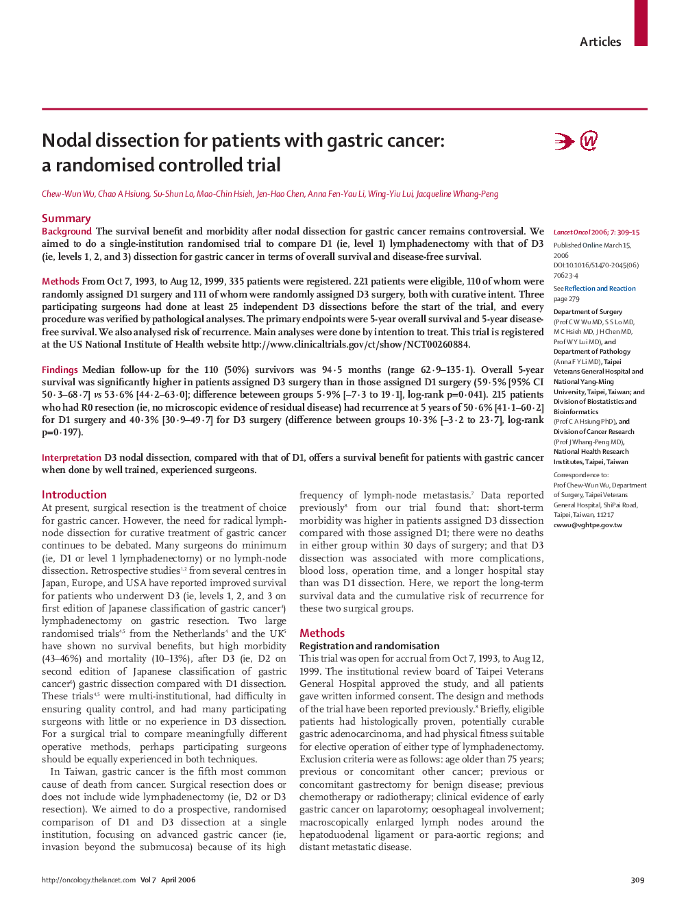 Nodal dissection for patients with gastric cancer: a randomised controlled trial