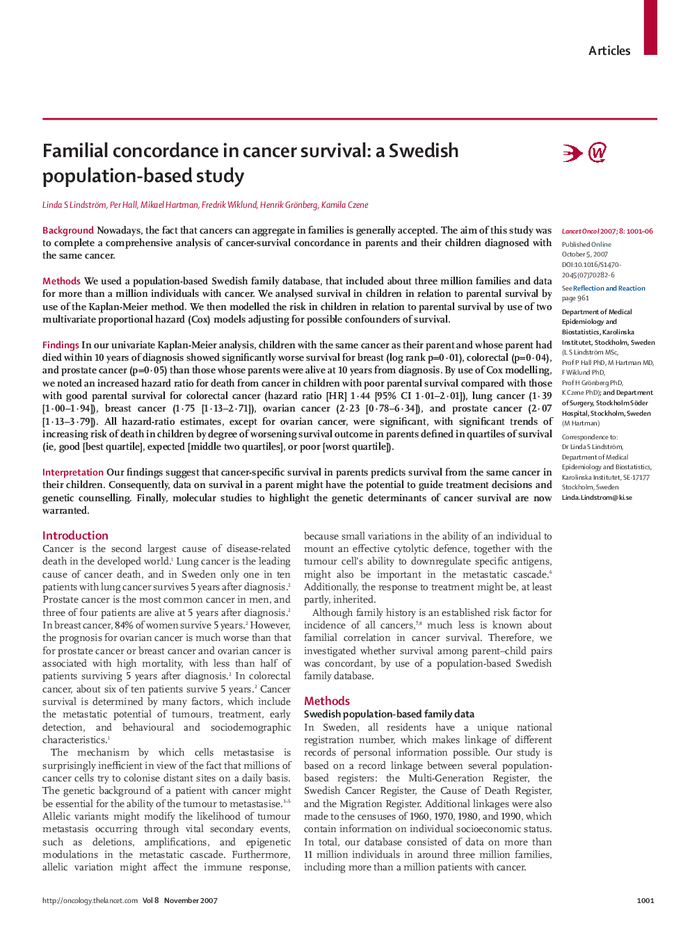 Familial concordance in cancer survival: a Swedish population-based study