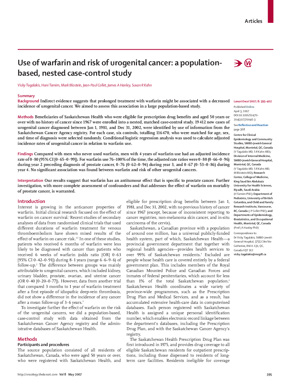 Use of warfarin and risk of urogenital cancer: a population-based, nested case-control study