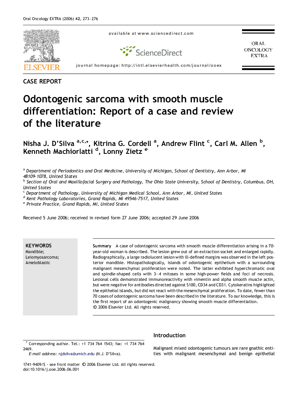 Odontogenic sarcoma with smooth muscle differentiation: Report of a case and review of the literature