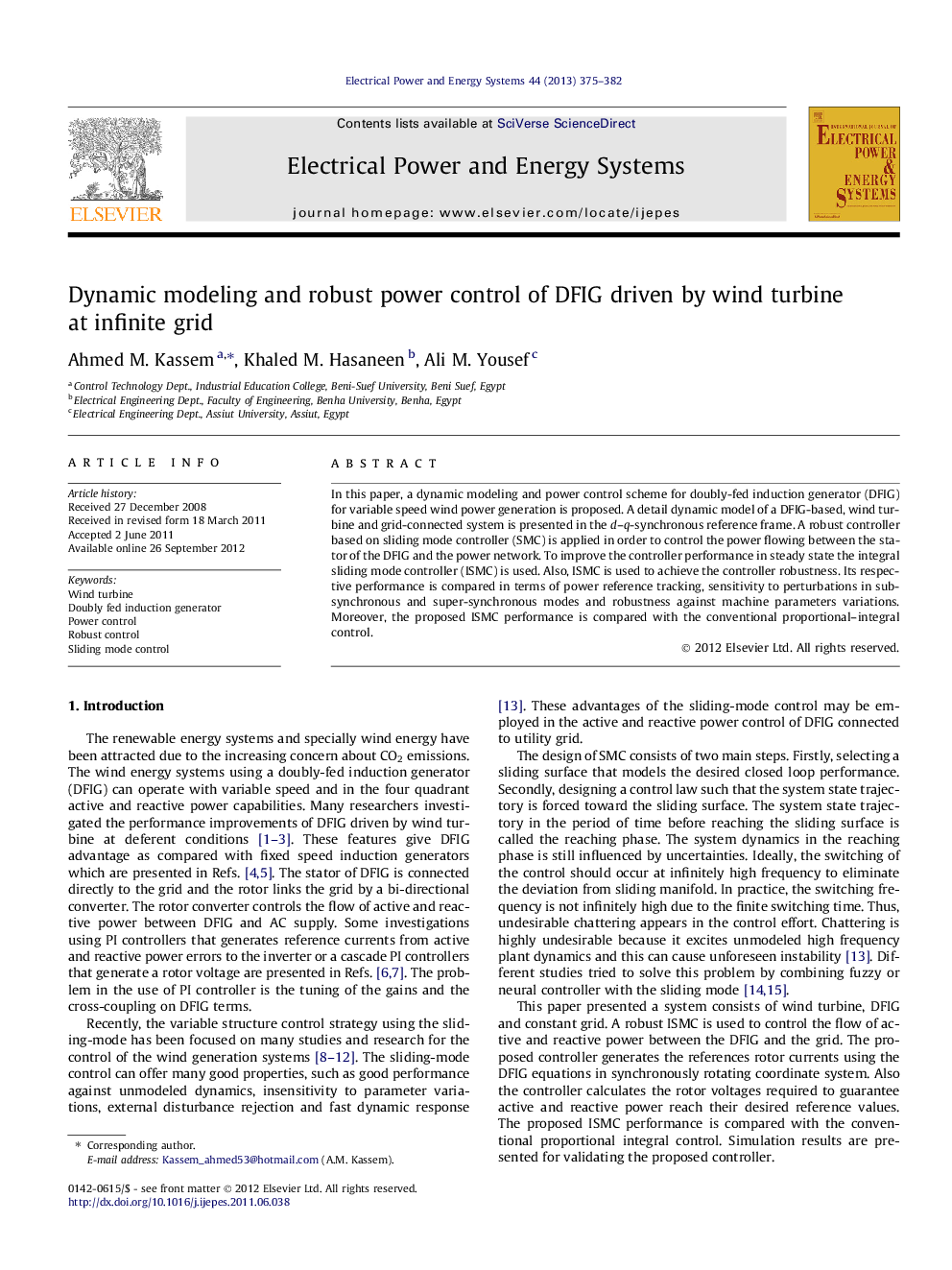 Dynamic modeling and robust power control of DFIG driven by wind turbine at infinite grid