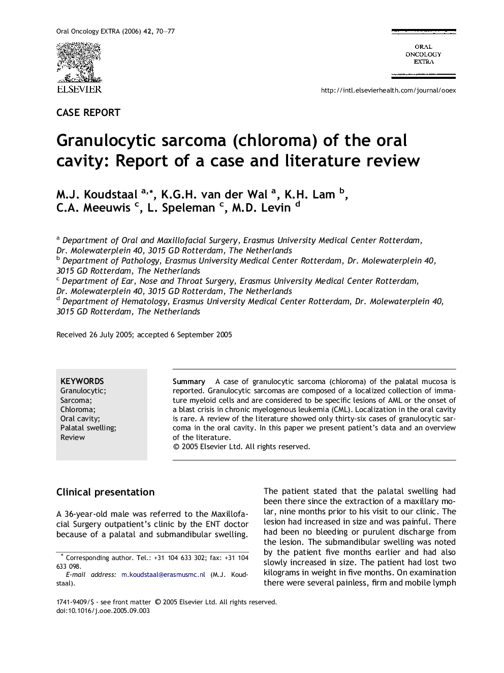 Granulocytic sarcoma (chloroma) of the oral cavity: Report of a case and literature review