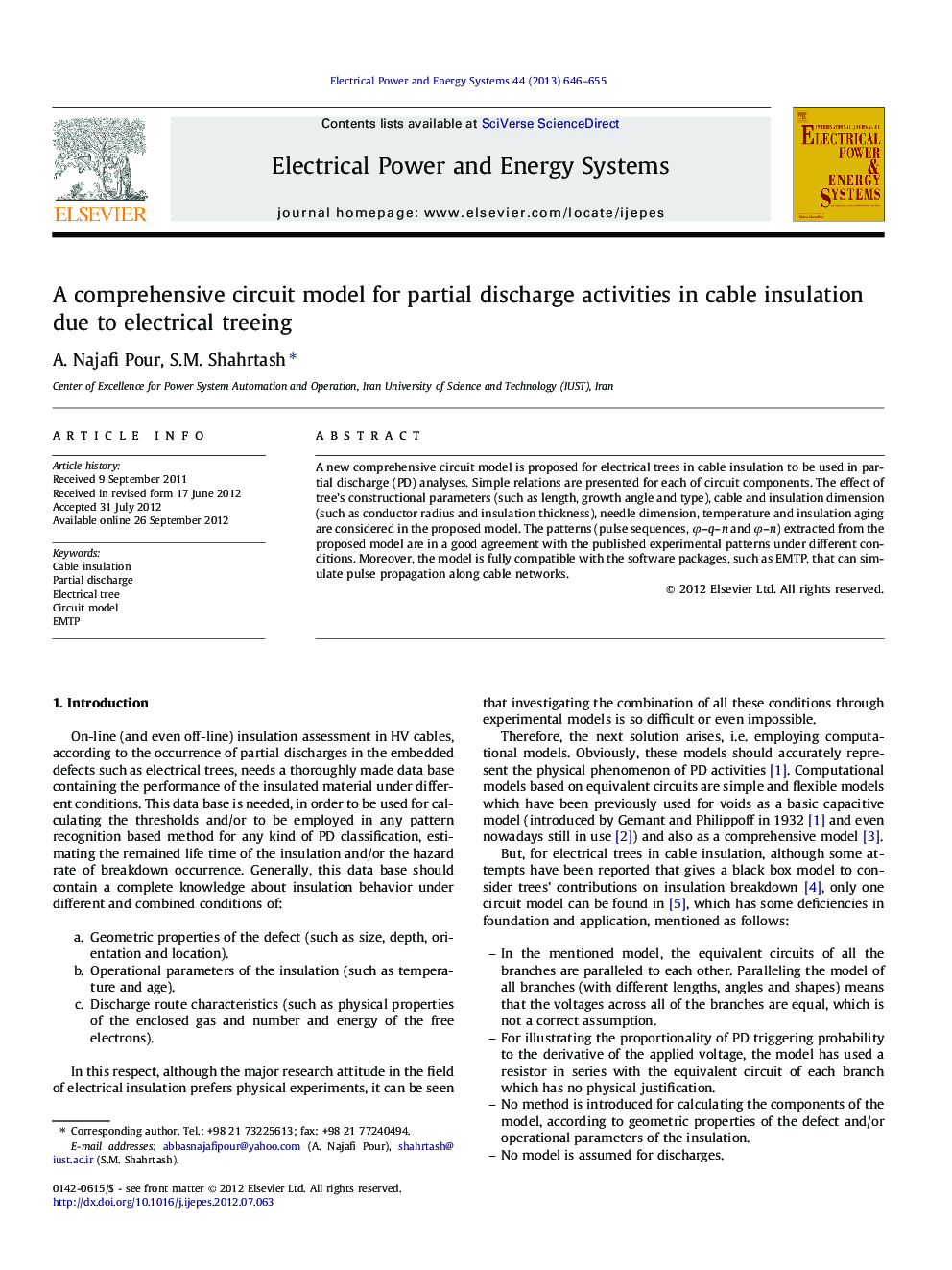 A comprehensive circuit model for partial discharge activities in cable insulation due to electrical treeing