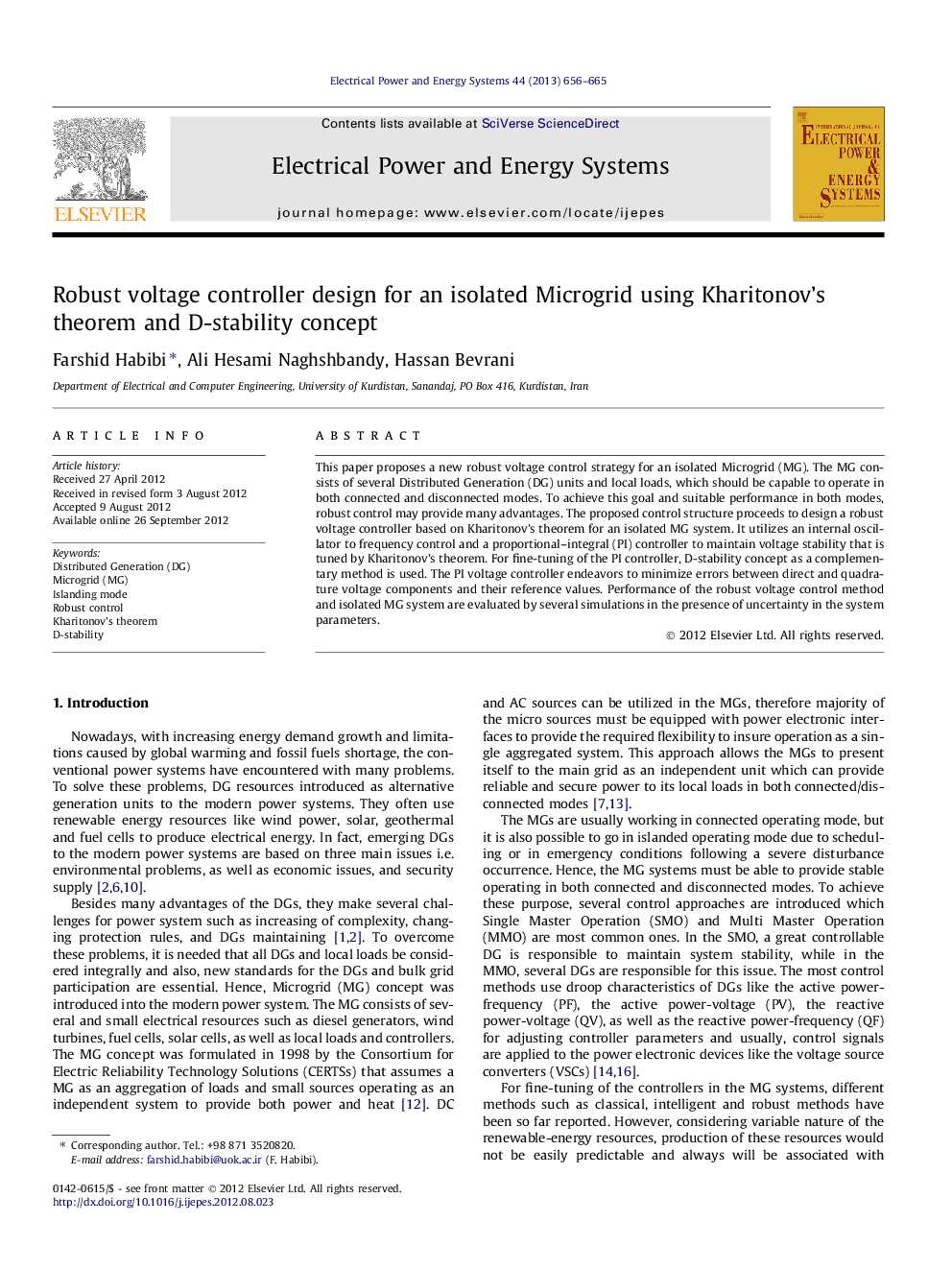 Robust voltage controller design for an isolated Microgrid using Kharitonov’s theorem and D-stability concept