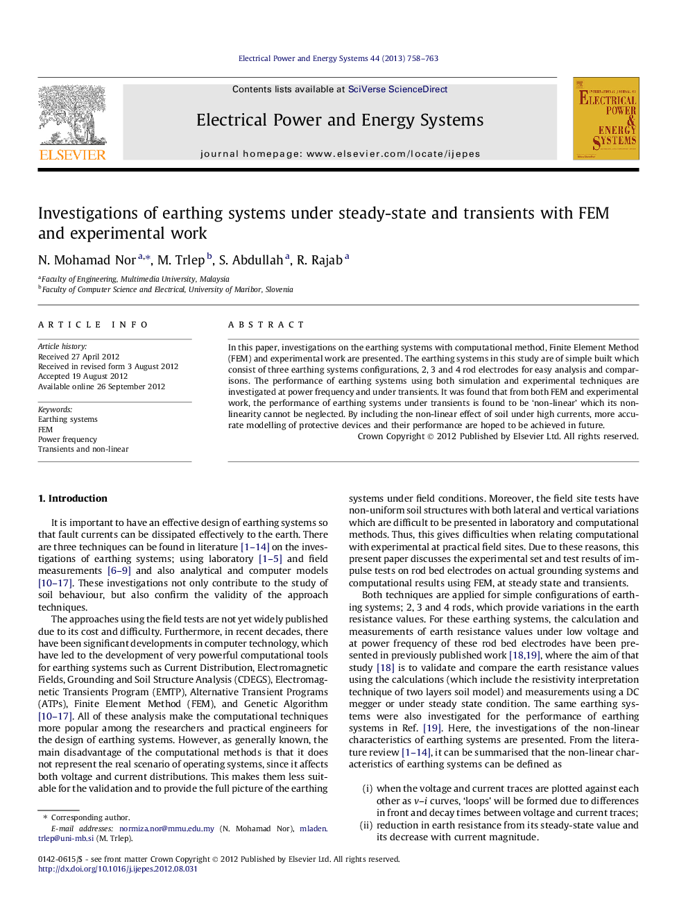 Investigations of earthing systems under steady-state and transients with FEM and experimental work