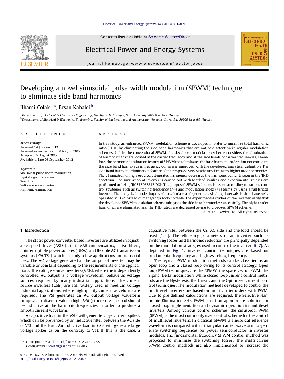 Developing a novel sinusoidal pulse width modulation (SPWM) technique to eliminate side band harmonics