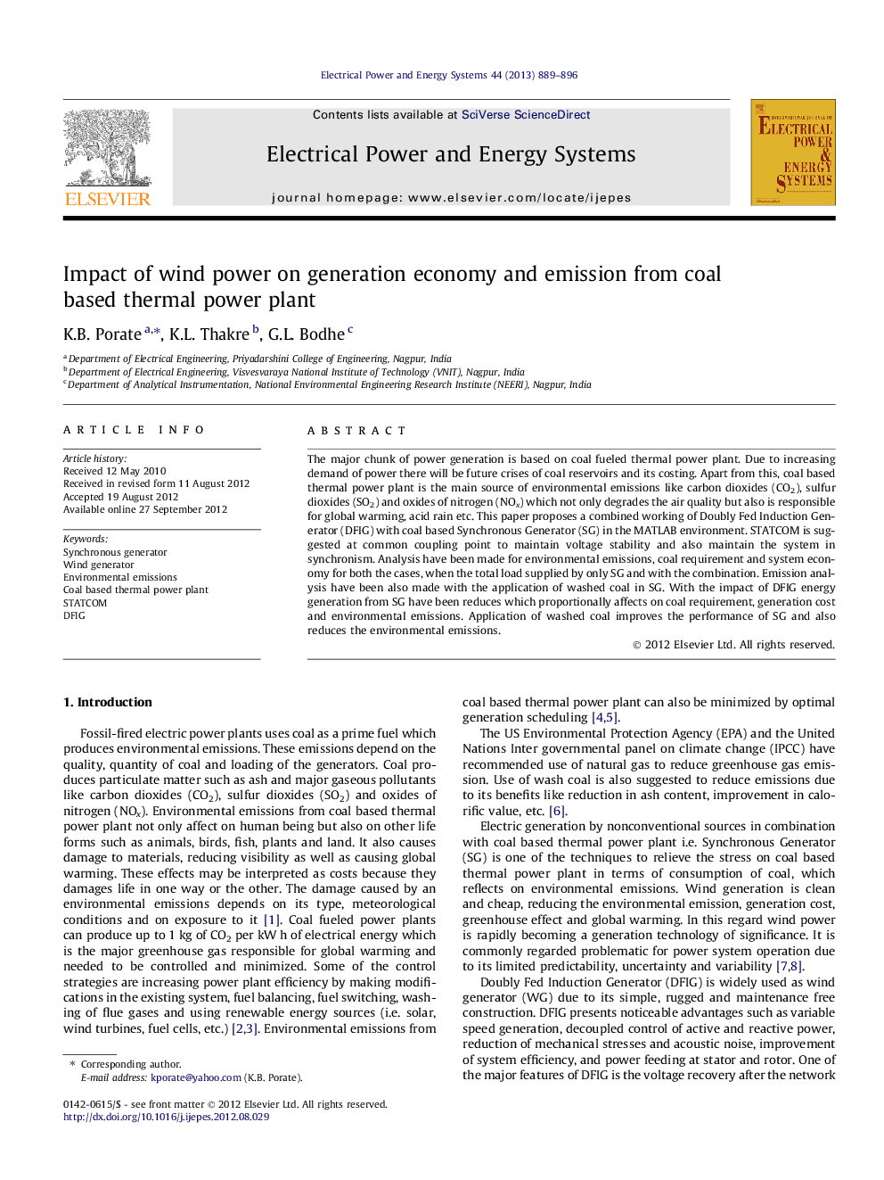 Impact of wind power on generation economy and emission from coal based thermal power plant