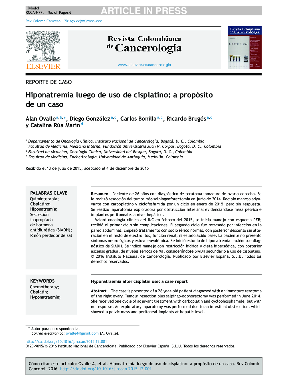 Hiponatremia luego de uso de cisplatino: a propósito de un caso