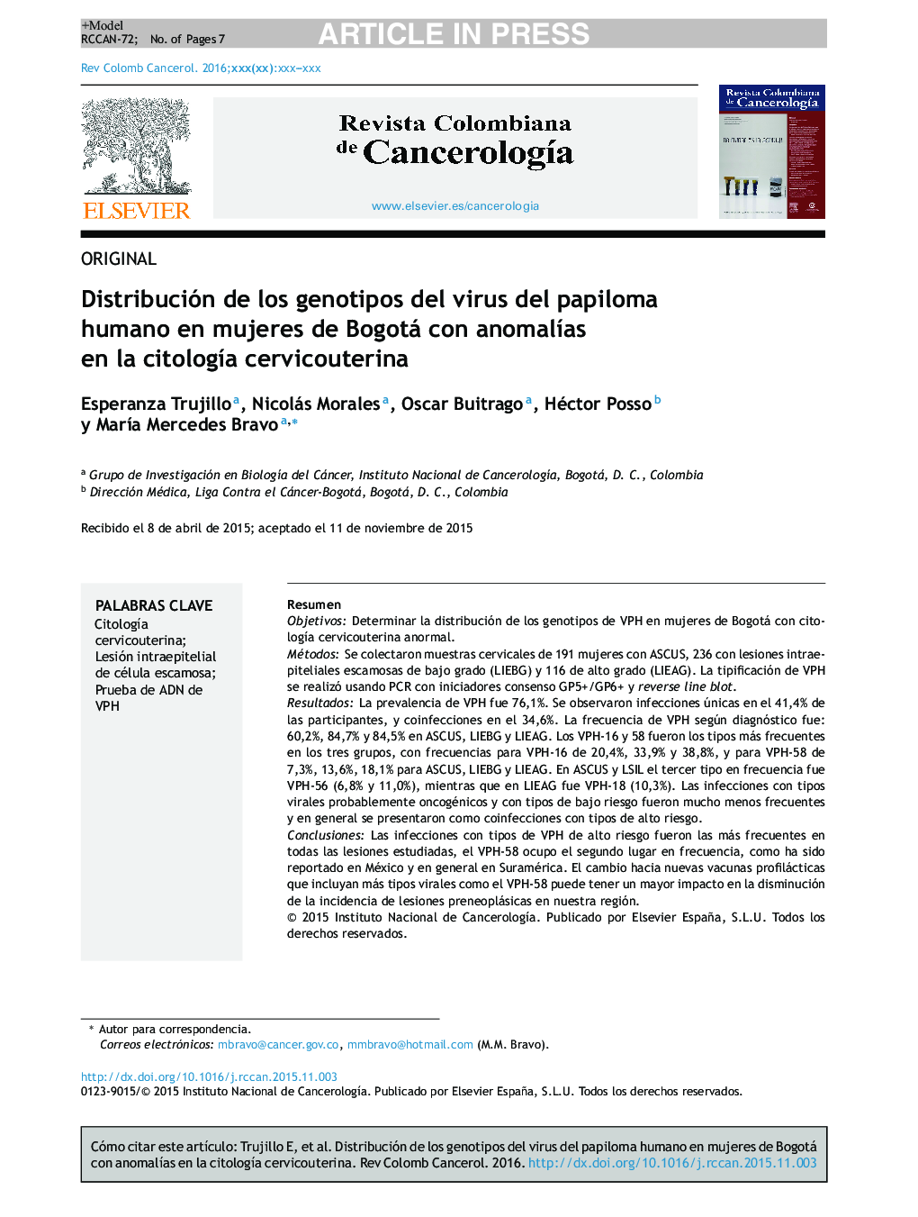 Distribución de los genotipos del virus del papiloma humano en mujeres de Bogotá con anomalÃ­as en la citologÃ­a cervicouterina