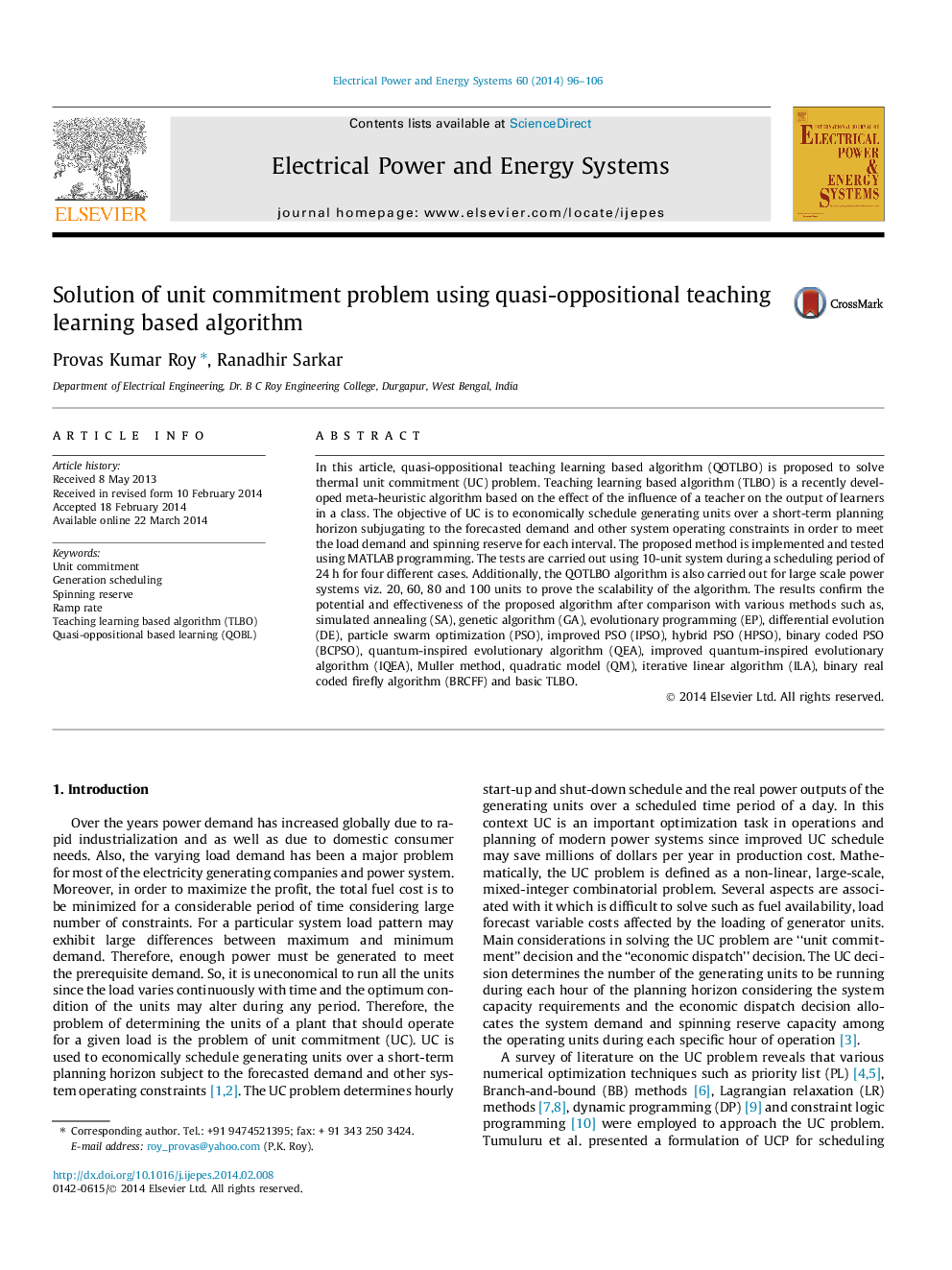 Solution of unit commitment problem using quasi-oppositional teaching learning based algorithm