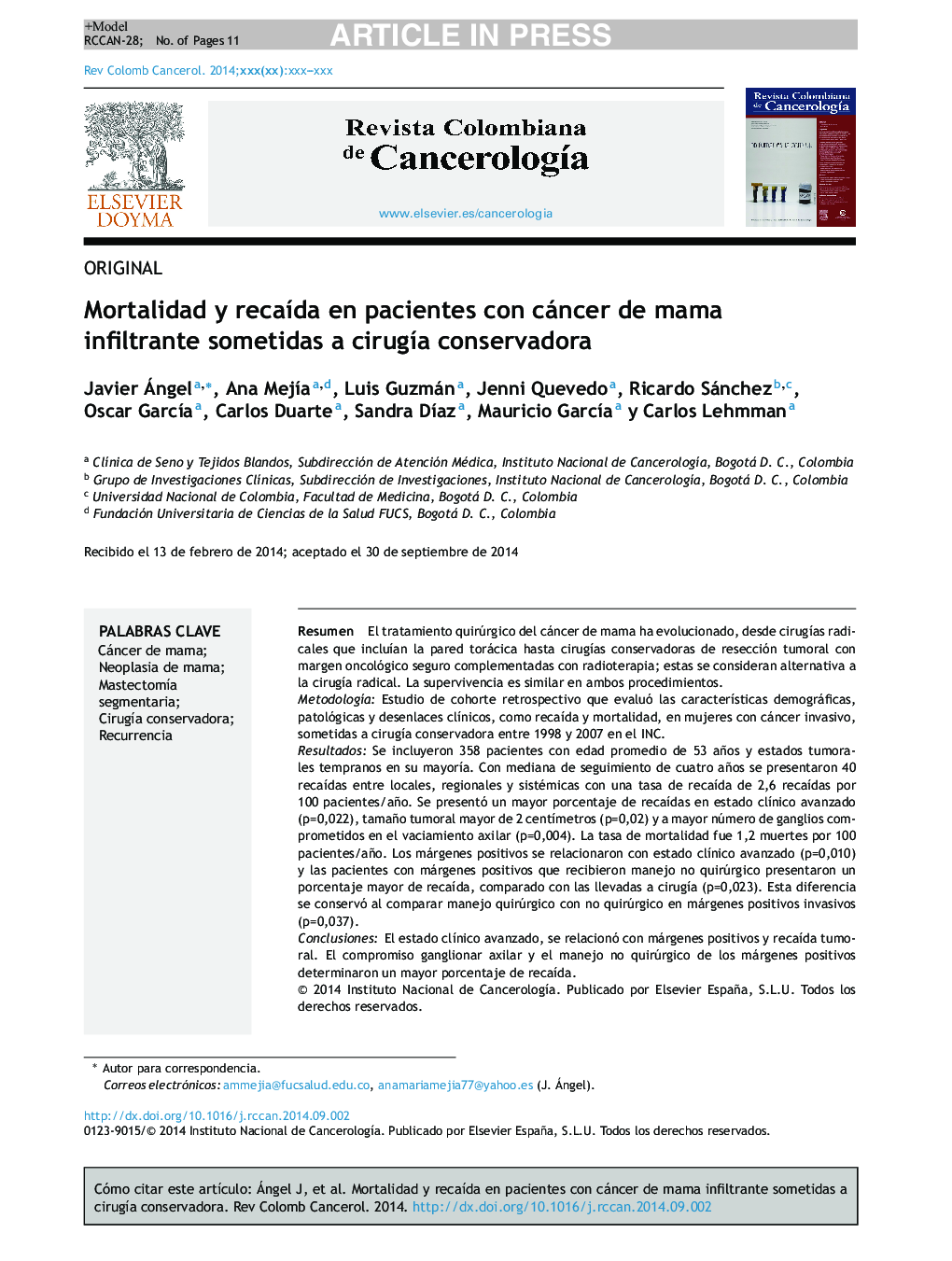 Mortalidad y recaÃ­da en pacientes con cáncer de mama infiltrante sometidas a cirugÃ­a conservadora