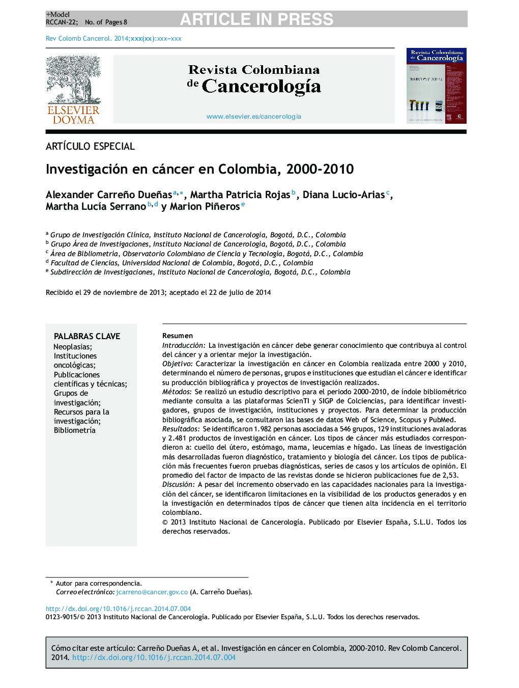 Investigación en cáncer en Colombia, 2000-2010