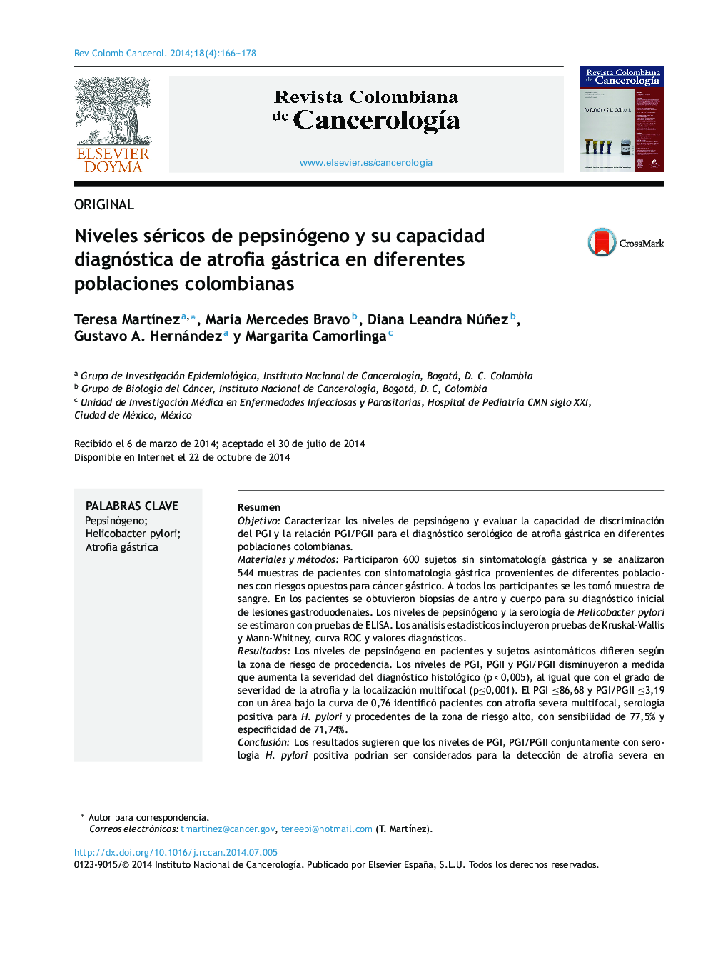 Niveles séricos de pepsinógeno y su capacidad diagnóstica de atrofia gástrica en diferentes poblaciones colombianas