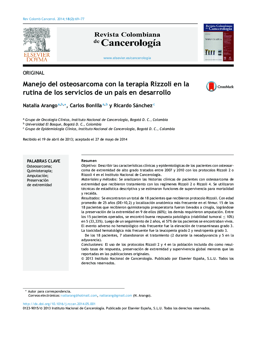 Manejo del osteosarcoma con la terapia Rizzoli en la rutina de los servicios de un paÃ­s en desarrollo