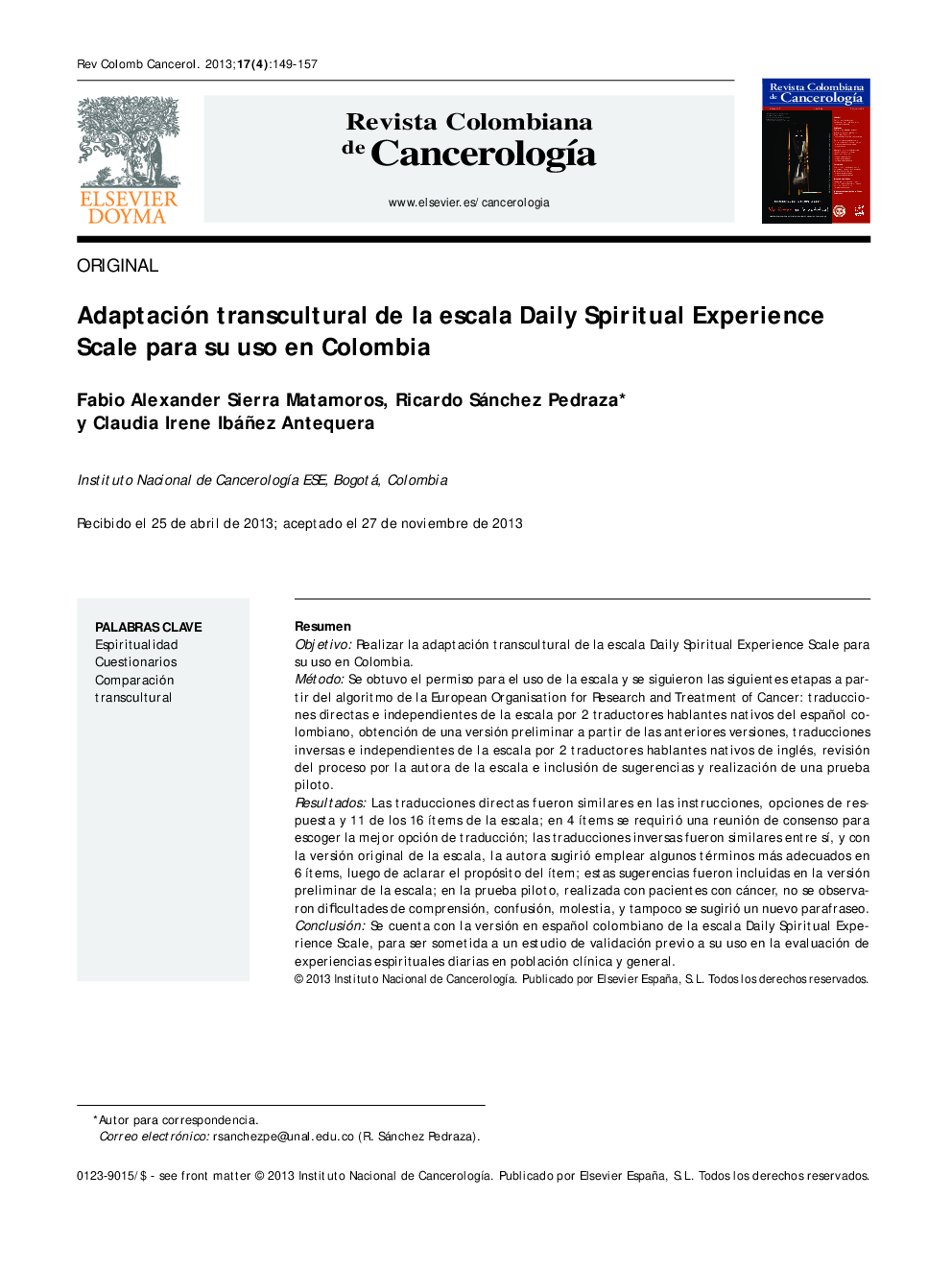 Adaptación transcultural de la escala Daily Spiritual Experience Scale para su uso en Colombia