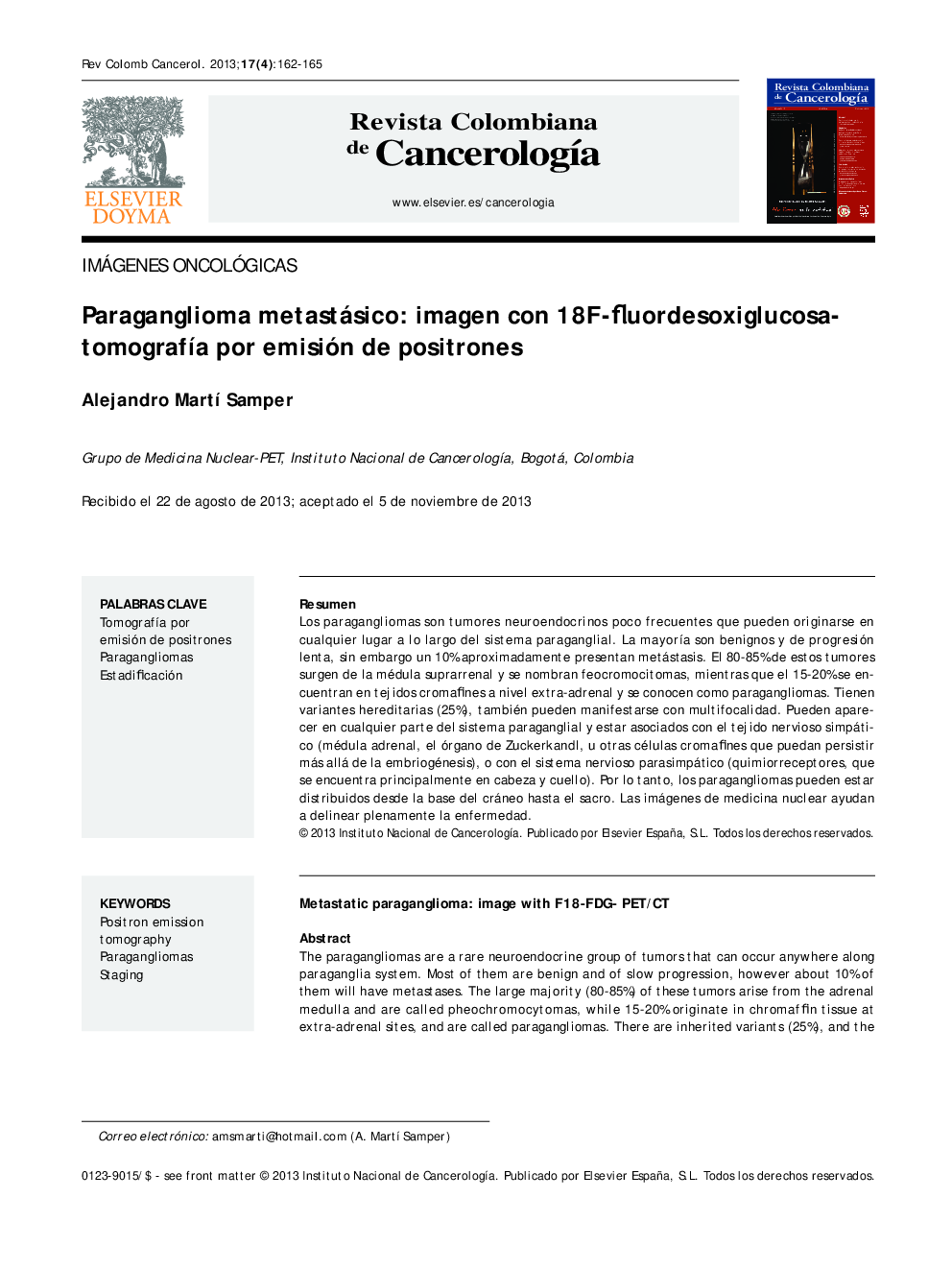 Paraganglioma metastásico: imagen con 18F-fluordesoxiglucosatomografÃ­a por emisión de positrones