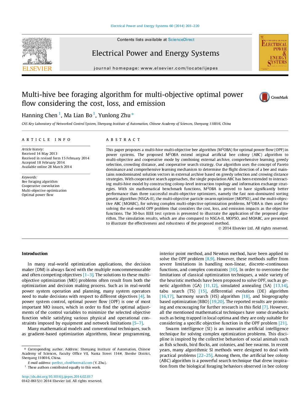 Multi-hive bee foraging algorithm for multi-objective optimal power flow considering the cost, loss, and emission