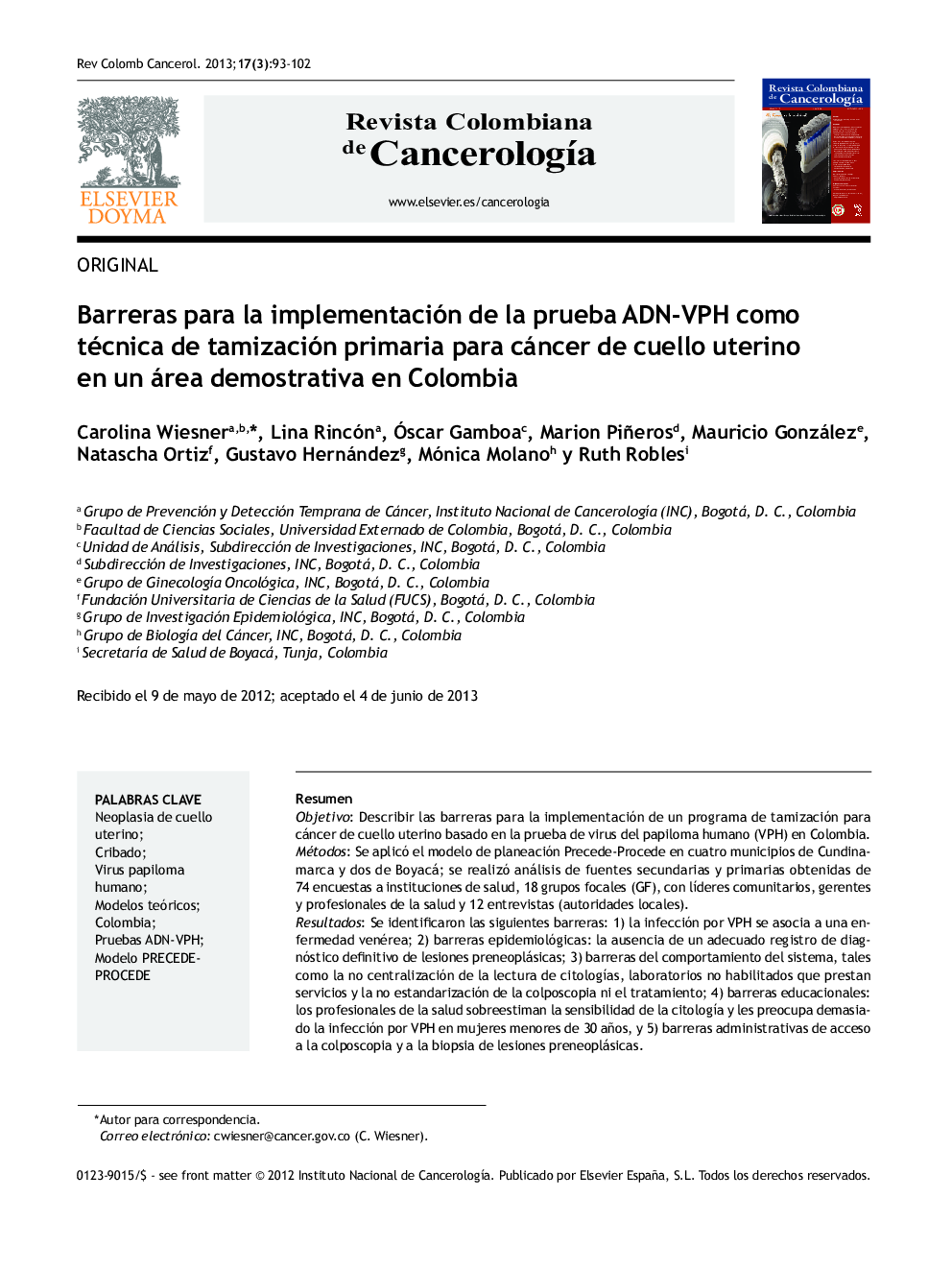 Barreras para la implementación de la prueba ADN-VPH como técnica de tamización primaria para cáncer de cuello uterino en un área demostrativa en Colombia