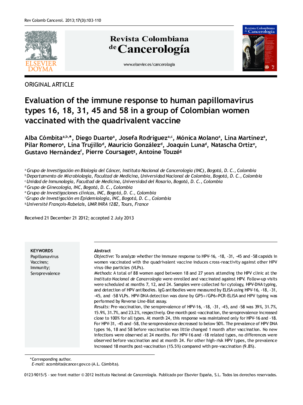Evaluation of the immune response to human papillomavirus types 16, 18, 31, 45 and 58 in a group of Colombian women vaccinated with the quadrivalent vaccine