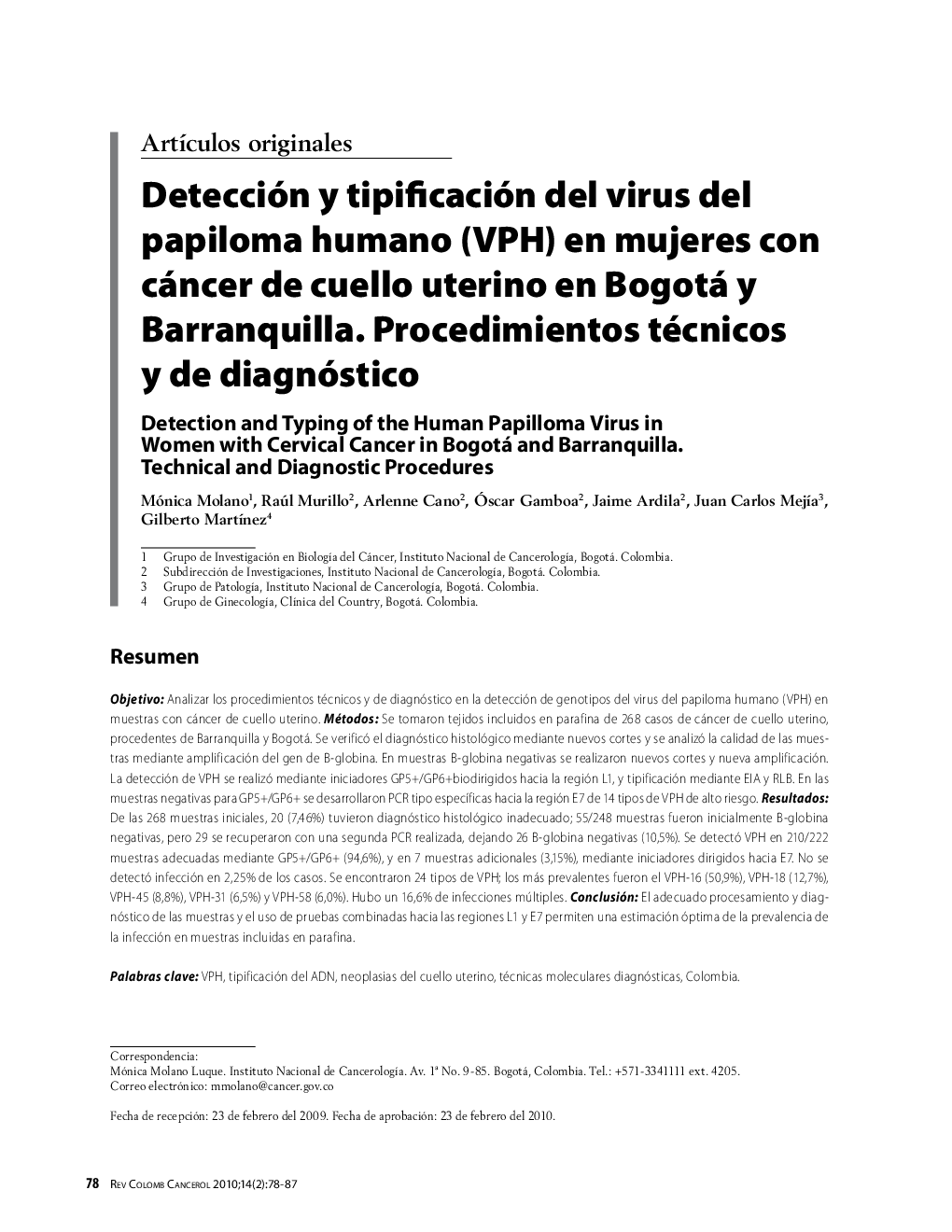 Detección y tipificación del virus del papiloma humano (VPH) en mujeres con cáncer de cuello uterino en Bogotá y Barranquilla. Procedimientos técnicos y de diagnóstico