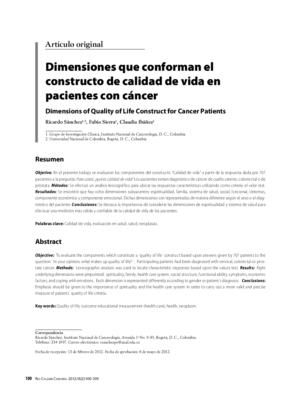 Dimensiones que conforman el constructo de calidad de vida en pacientes con cáncerDimensions of Quality of Life Construct for Cancer Patients