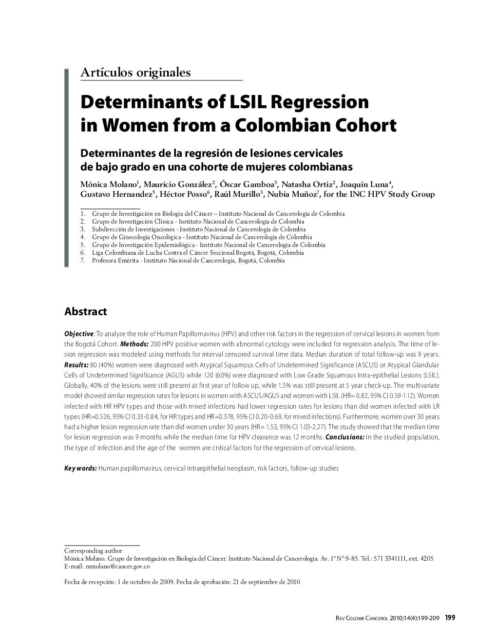 Determinants of LSIL Regression in Women from a Colombian CohortDeterminantes de la regresión de lesiones cervicales de bajo grado en una cohorte de mujeres colombianas