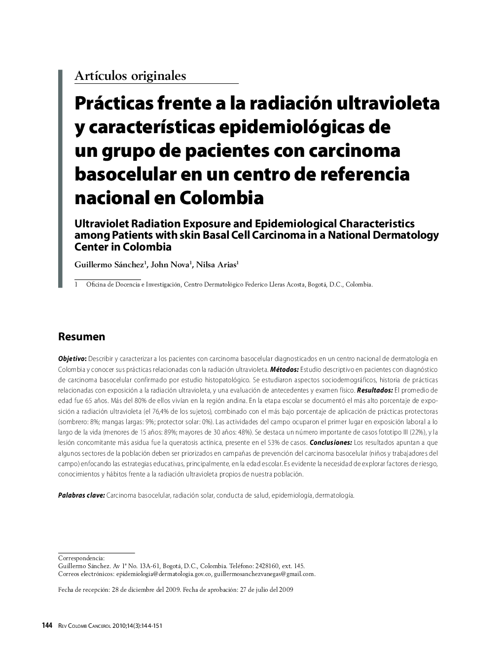 Prácticas frente a la radiación ultravioleta y características epidemiológicas de un grupo de pacientes con carcinoma basocelular en un centro de referencia nacional en Colombia