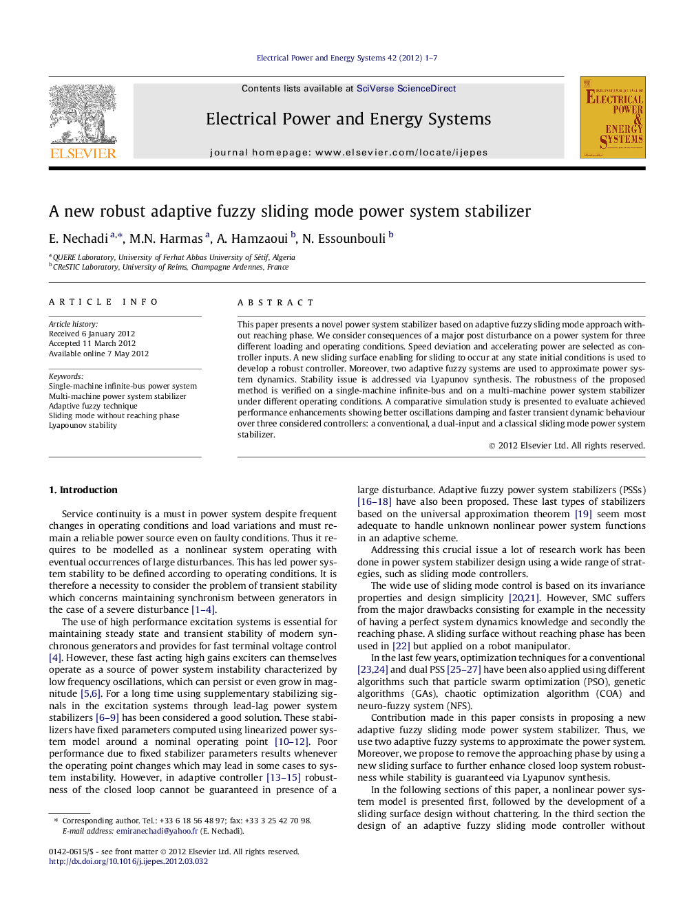 عکس صفحه اول مقاله: A new robust adaptive fuzzy sliding mode power system stabilizer A new robust adaptive fuzzy sliding mode power system stabilizer