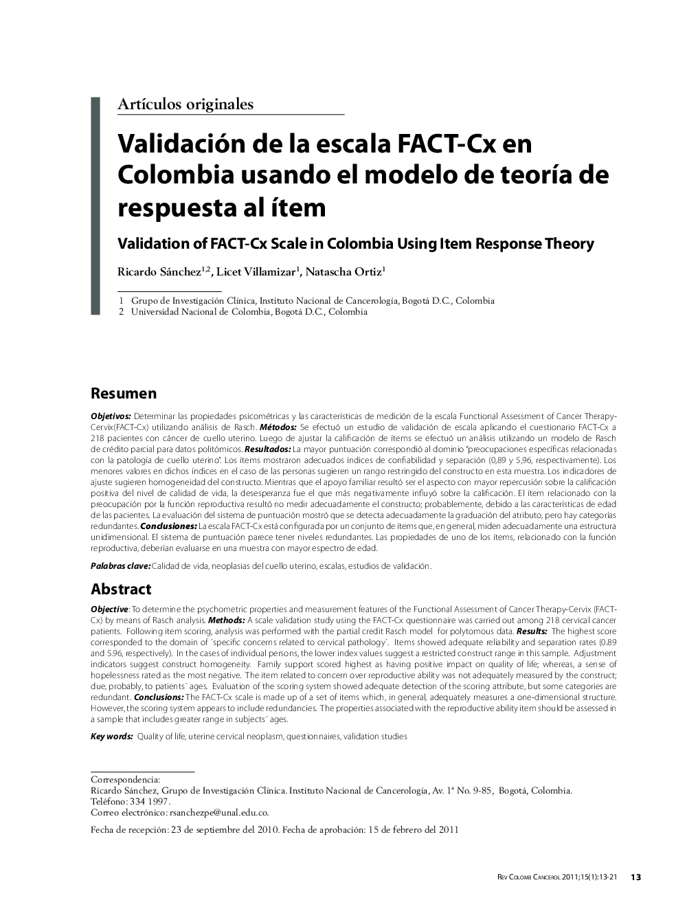 Validación de la escala FACT-Cx en Colombia usando el modelo de teorÃ­a de respuesta al Ã­temValidation of FACT-Cx Scale in Colombia Using Item Response Theory