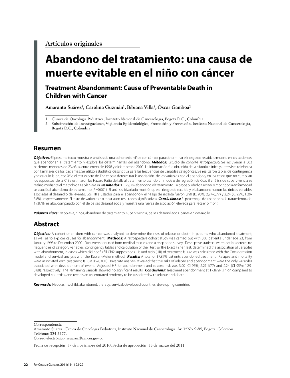 Abandono del tratamiento: una causa de muerte evitable en el niño con cáncerTreatment Abandonment: Cause of Preventable Death in Children with Cancer